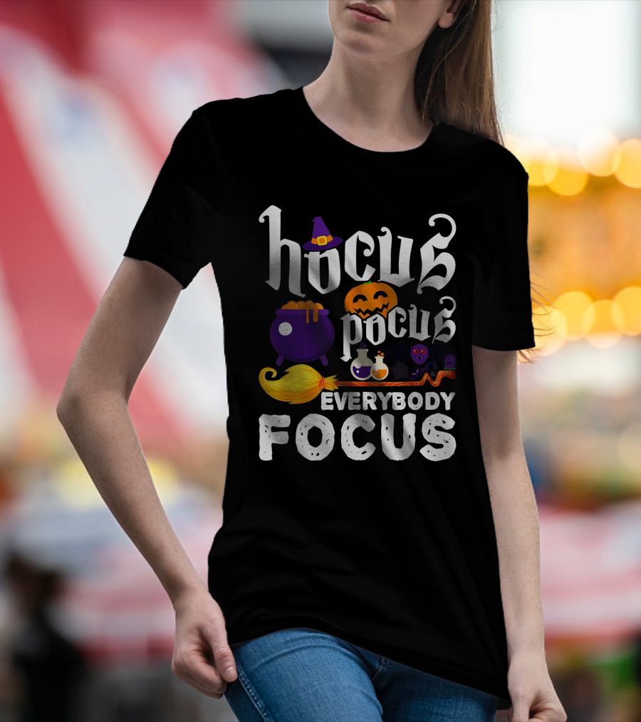 Hocus Pocus Everybody Focus Funny Halloween Costume Cauldron Pumpkin Broom Bat Potions T-Shirt