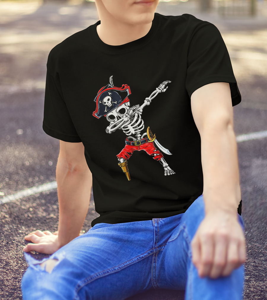 Dabbing Skeleton Pirate With Skull Hat And Sword T-Shirt