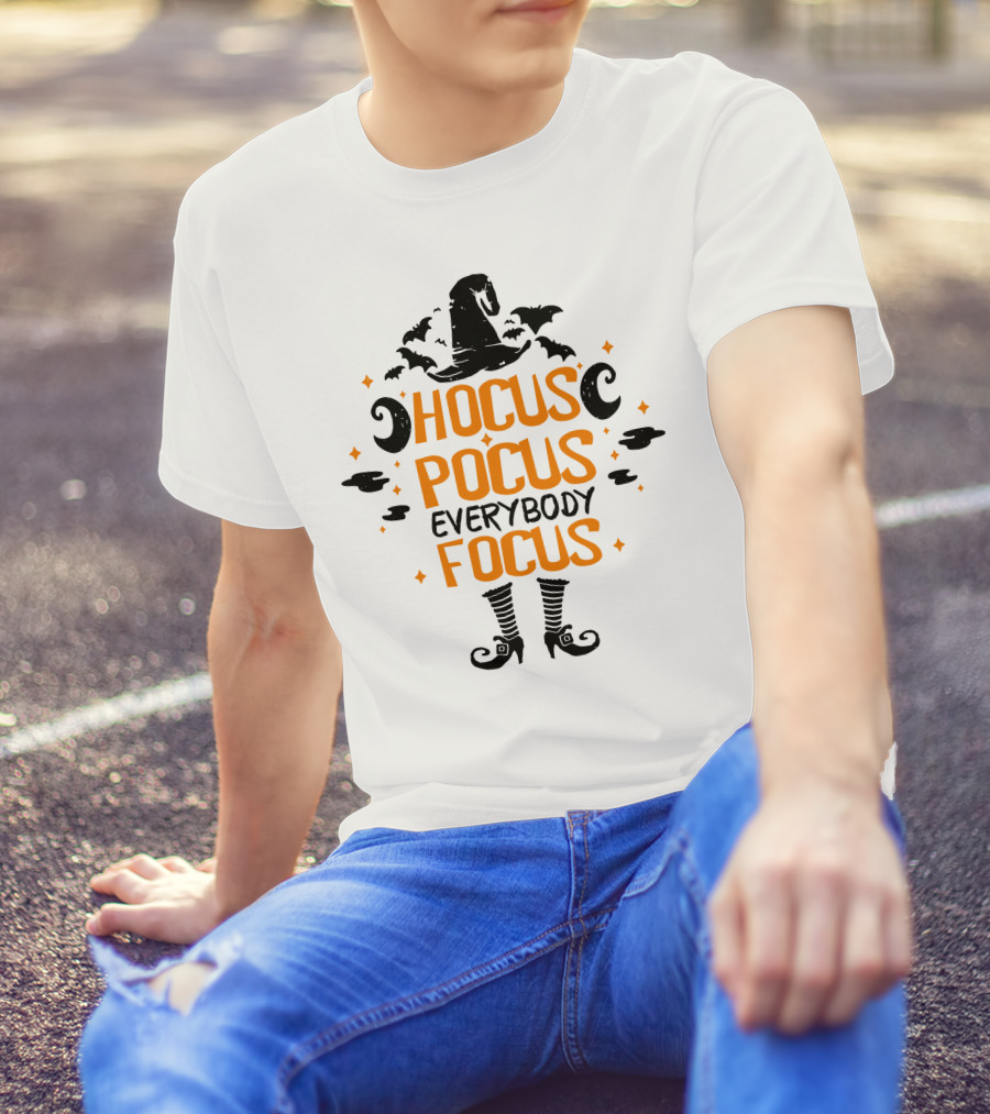 Halloween Hocus Pocus Everybody Focus Funny Teacher Witch Hat Bats Boots T-Shirt