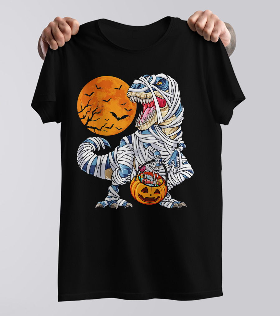 Halloween Dinosaur T-Rex Mummy Pumpkin Moon Bats T-Shirt