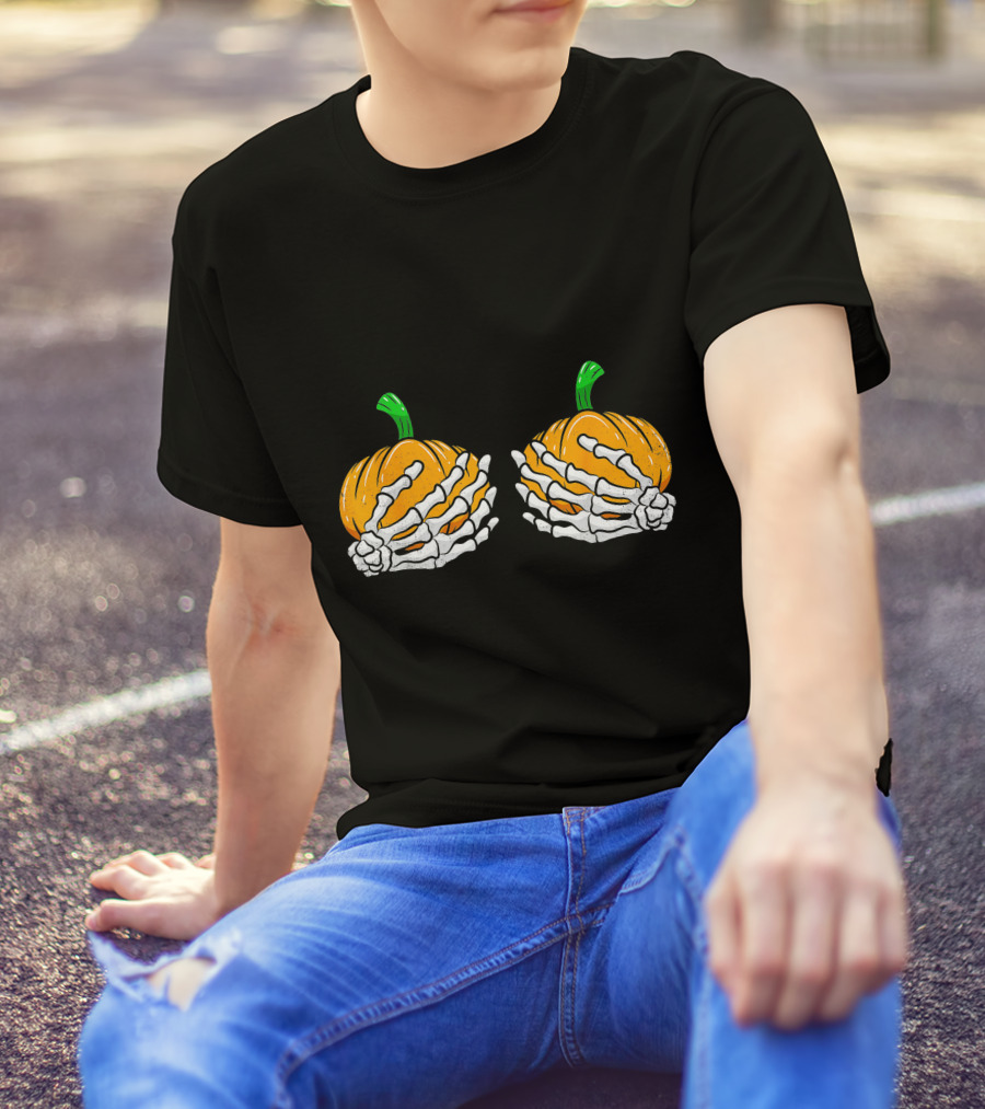 Halloween Pumpkin Skeleton Hands Bra T-Shirt