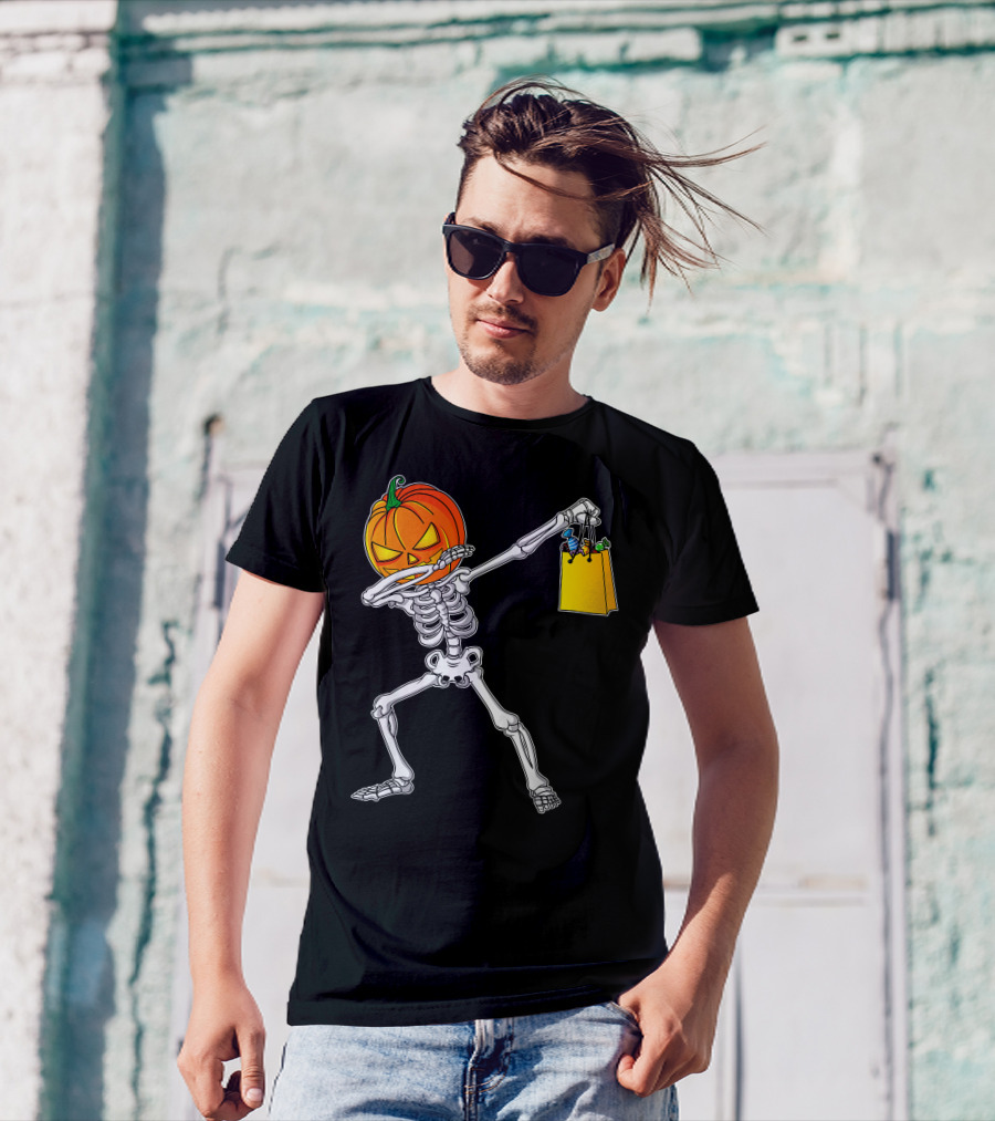 Funny Dabbing Skeleton With Pumpkin Head And Candy Bag For Halloween Kids T-Shirt