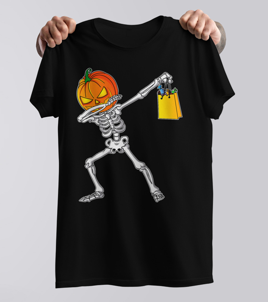 Funny Dabbing Skeleton With Pumpkin Head And Candy Bag For Halloween Kids T-Shirt