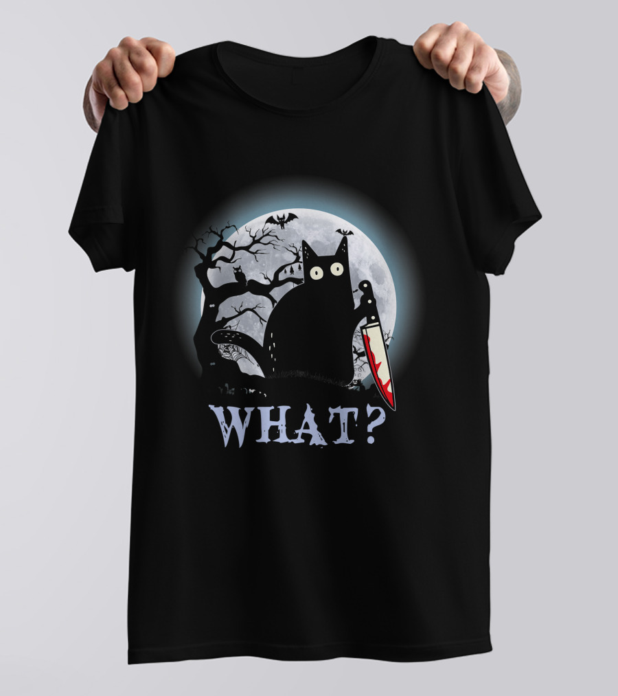 What? Black Cat With Knife Moon Halloween Scene T-Shirt