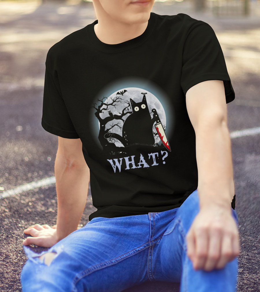 What? Black Cat With Knife Moon Halloween Scene T-Shirt