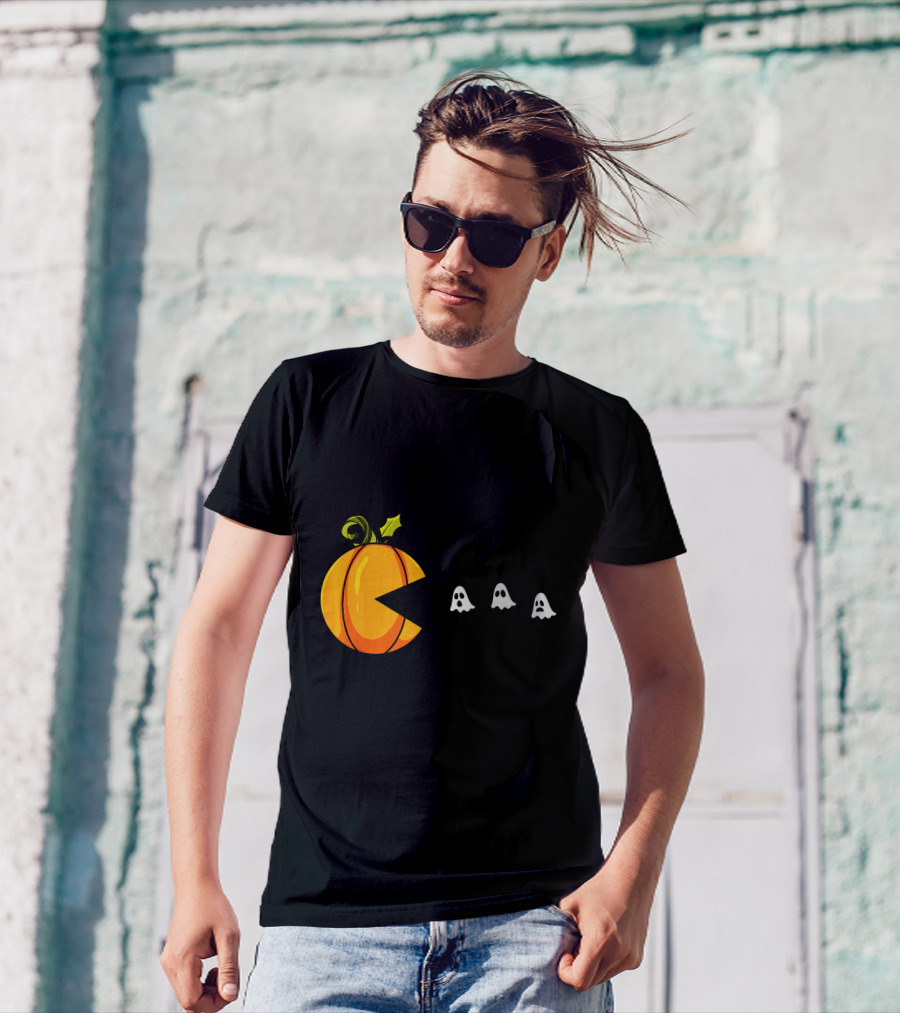 Pumpkin Pac-Man Chomping Ghosts Halloween T-Shirt