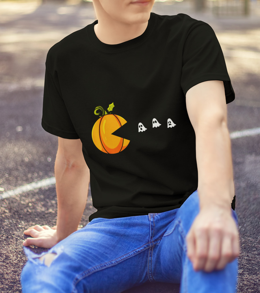 Pumpkin Pac-Man Chomping Ghosts Halloween T-Shirt