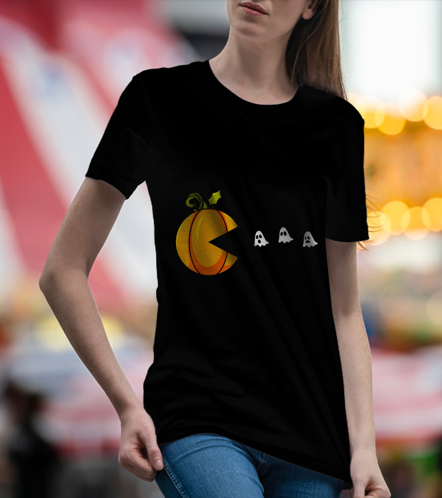 Pumpkin Pac-Man Chomping Ghosts Halloween T-Shirt