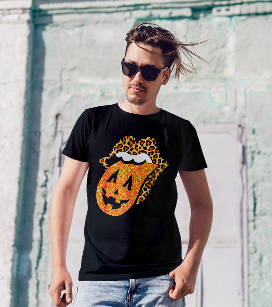 Leopard Lips Pumpkin Tongue Halloween Jack-O'-Lantern Face T-Shirt