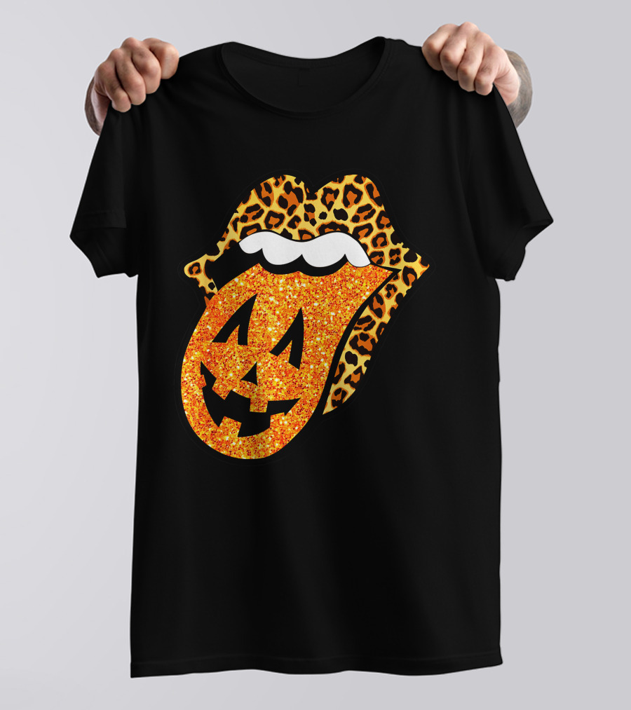 Leopard Lips Pumpkin Tongue Halloween Jack-O'-Lantern Face T-Shirt