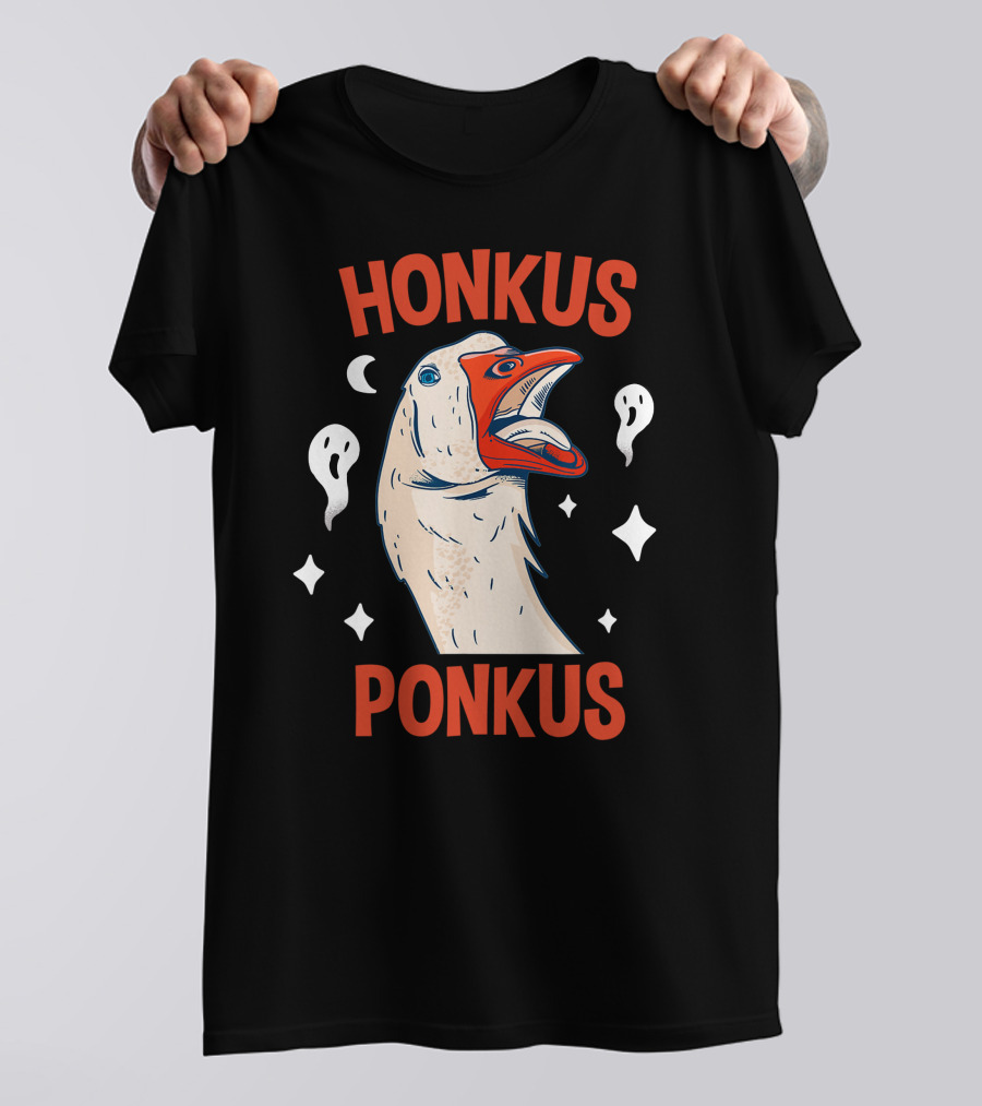 Honkus Ponkus Funny Halloween Duck With Ghosts And Stars T-Shirt