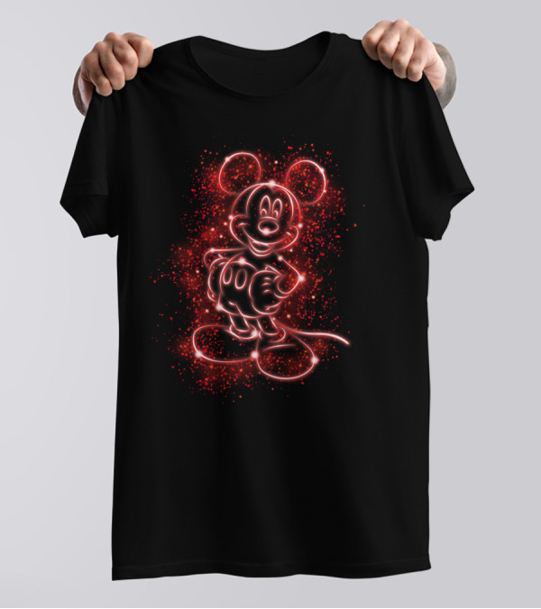 MK Light Neon Mickey Mouse Outline Red Sparkles T-Shirt