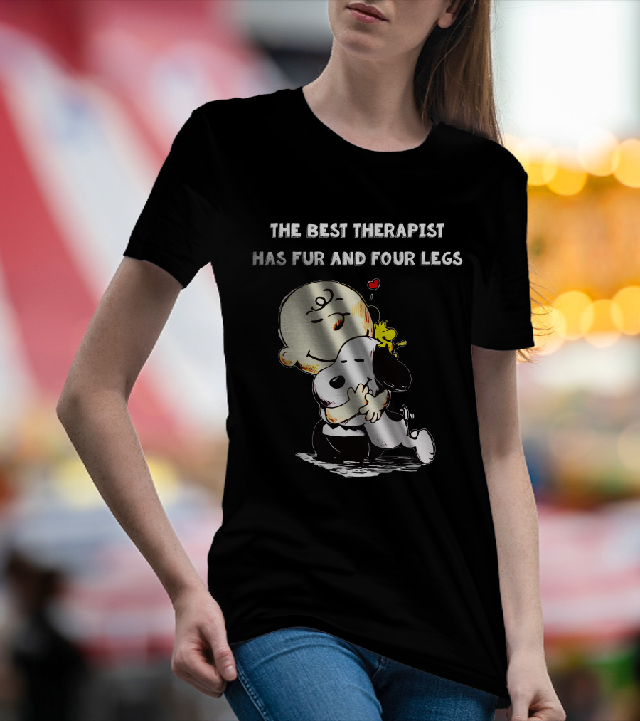 The Best Therapist Has Fur And Four Legs Charlie Brown Snoopy Woodstock Hug T-Shirt