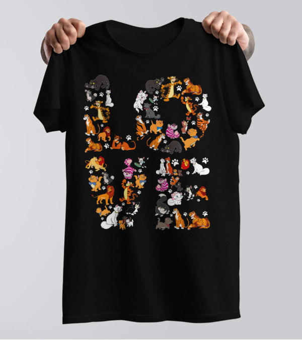 Cat Love Alphabet With Colorful Cartoon Cats And Paw Prints T-Shirt