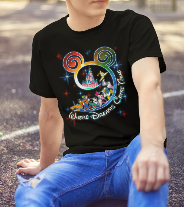 Where Dreams Come True Disney Castle Mickey Minnie Goofy Donald Pluto Tinkerbell T-Shirt