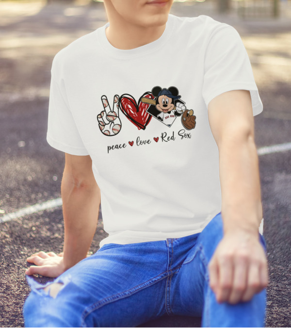 Peace Love Red Sox Mickey Baseball T-Shirt