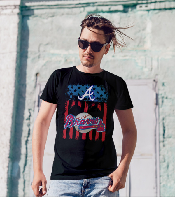 A Mickey Braves Iconic Baseball Stars And Stripes American Flag T-Shirt