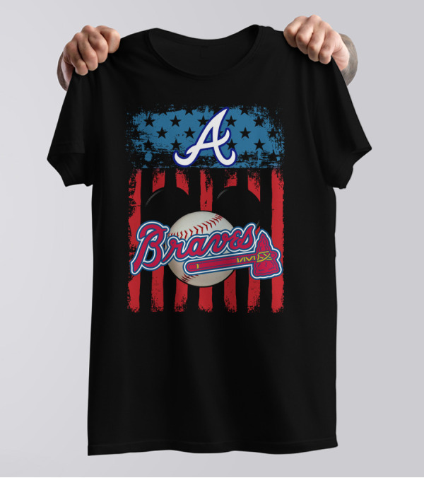A Mickey Braves Iconic Baseball Stars And Stripes American Flag T-Shirt