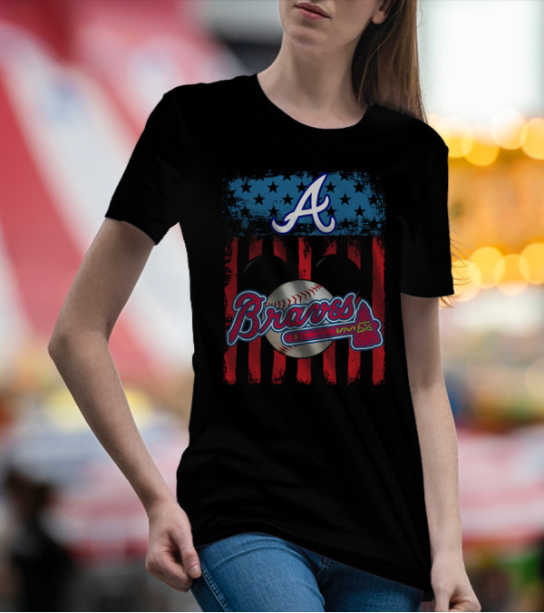 A Mickey Braves Iconic Baseball Stars And Stripes American Flag T-Shirt