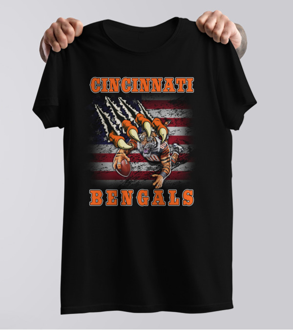Cincinnati Bengals Clawing Tiger With American Flag And Football T-Shirt