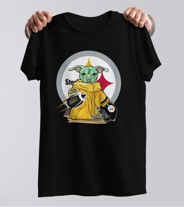 Pitbull Steelers Baby Holding Football With Steelers Logo And Helmet T-Shirt