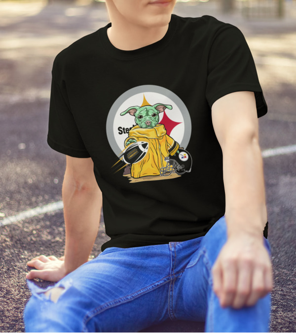 Pitbull Steelers Baby Holding Football With Steelers Logo And Helmet T-Shirt