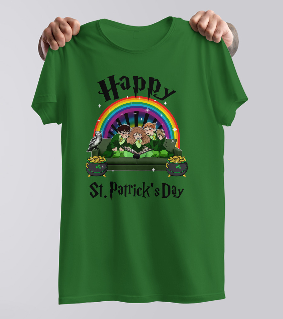 Happy St. Patrick's Day With Rainbow And Green Characters On Couch T-Shirt