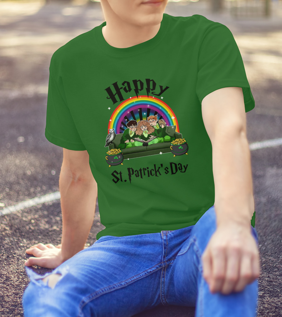 Happy St. Patrick's Day With Rainbow And Green Characters On Couch T-Shirt