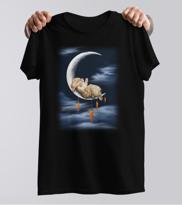 Sleeping Rabbit On Crescent Moon With Hanging Carrots T-Shirt