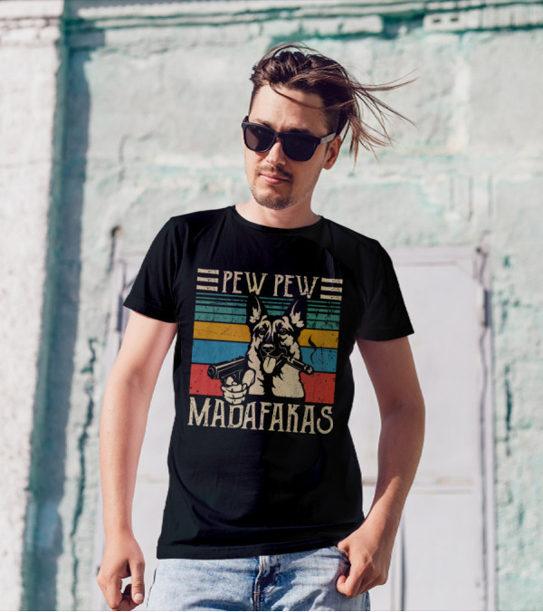PEW PEW MADAFKAS GSD Dog With Gun And Cigar T-Shirt