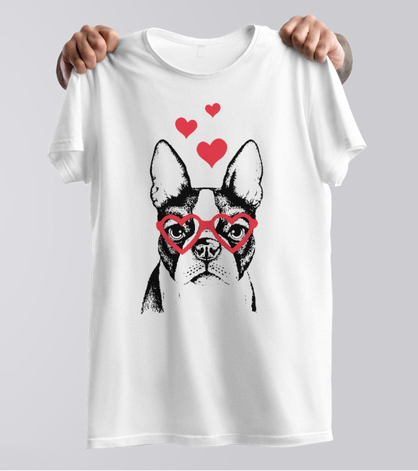 Love Boston Terrier Heart Glasses And Hearts Face T-Shirt