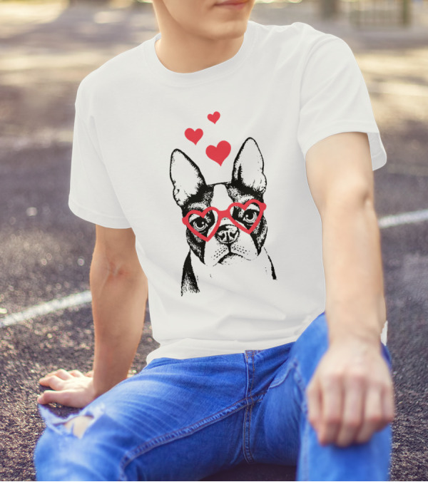 Love Boston Terrier Heart Glasses And Hearts Face T-Shirt
