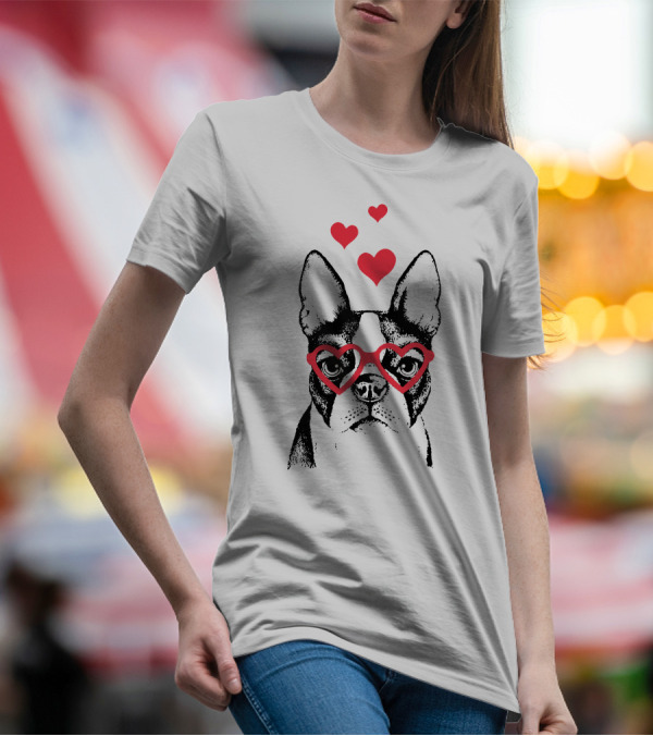 Love Boston Terrier Heart Glasses And Hearts Face T-Shirt