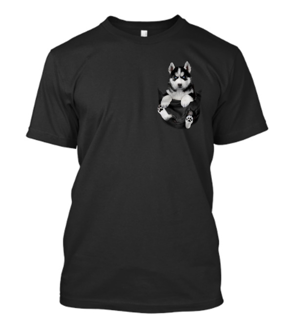 Husky Pocket Puppy In Dark Black T-Shirt