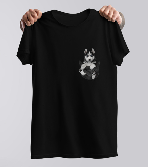 Husky Pocket Puppy In Dark Black T-Shirt
