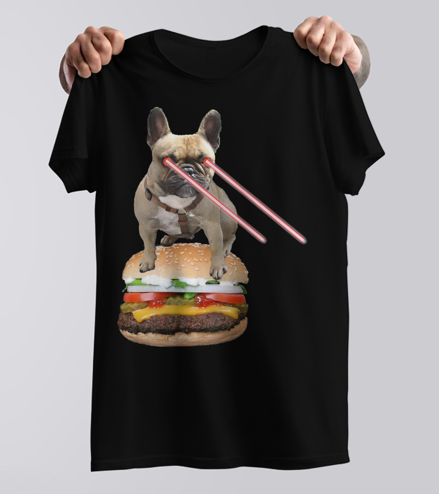 Bulldog With Laser Eyes Standing On Hamburger T-Shirt