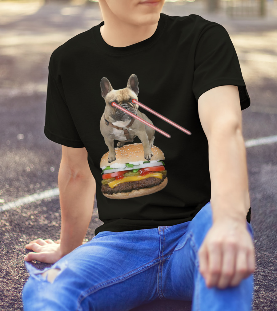 Bulldog With Laser Eyes Standing On Hamburger T-Shirt