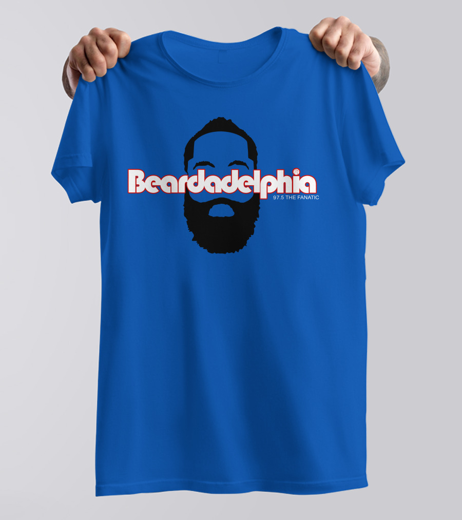 Beardadelphia 97.5 The Fanatic Silhouette Bold Text Blue Background T-Shirt
