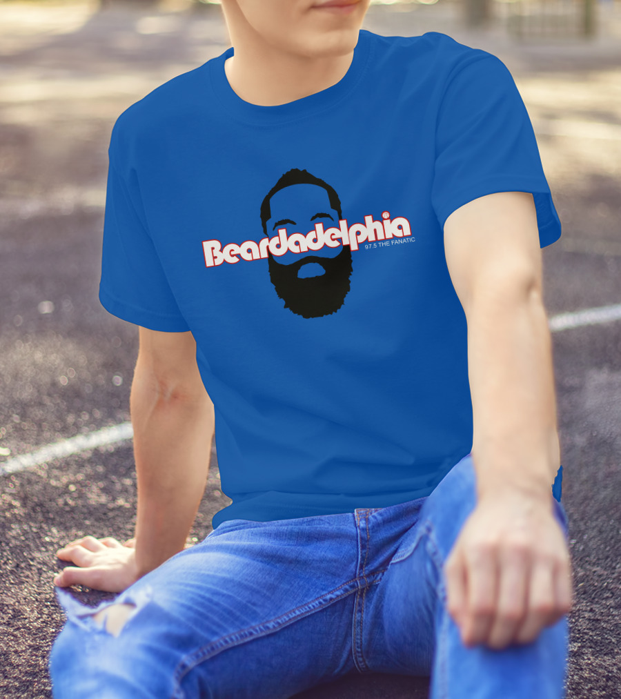 Beardadelphia 97.5 The Fanatic Silhouette Bold Text Blue Background T-Shirt