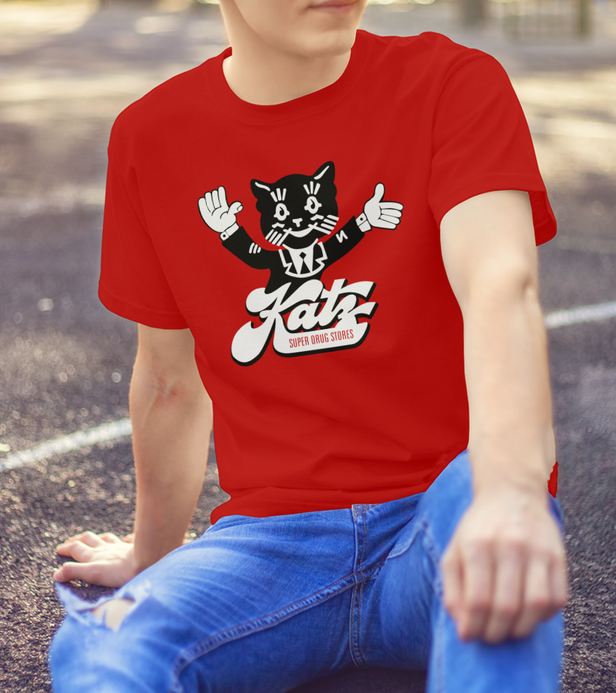 Katz Super Drug Stores Cat Mascot Smiling And Waving In Suit And Tie T-Shirt