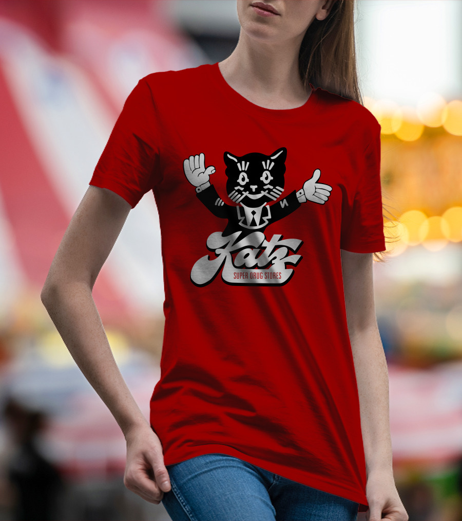 Katz Super Drug Stores Cat Mascot Smiling And Waving In Suit And Tie T-Shirt