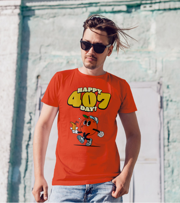 Happy 407 Day Orlando Orange Character With Drink And Sneakers T-Shirt