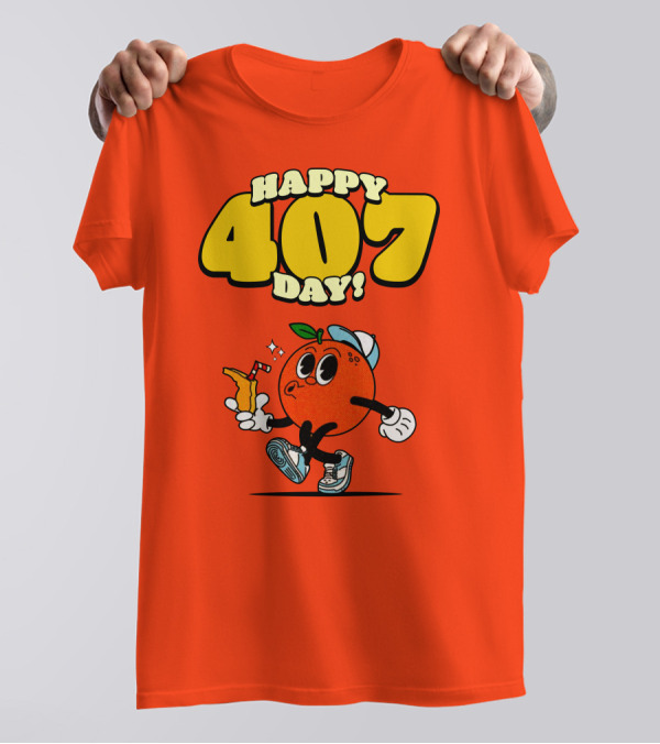 Happy 407 Day Orlando Orange Character With Drink And Sneakers T-Shirt