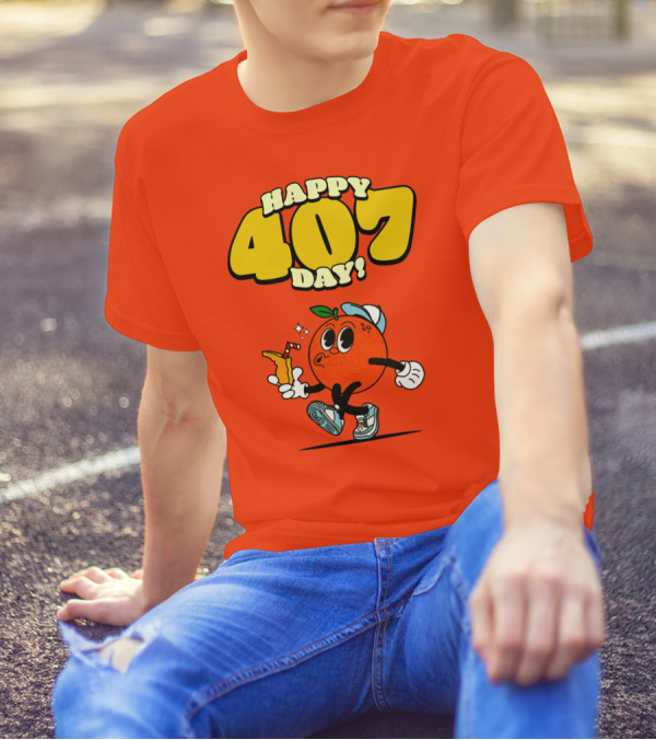 Happy 407 Day Orlando Orange Character With Drink And Sneakers T-Shirt