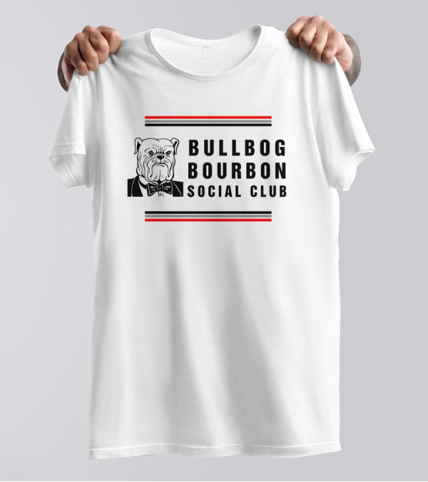 Bulldog Bourbon Social Club Classic Black And White Bulldog Illustration With Red Stripes T-Shirt