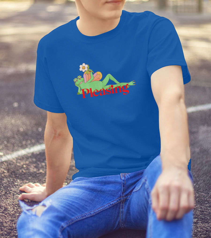 Pleasing Frog With Flower On Sky Blue Crewneck T-Shirt