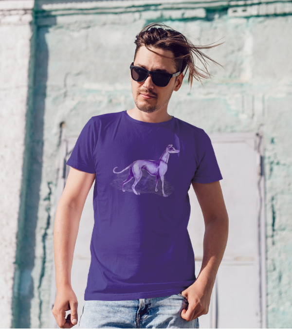 The One Purple Dog Silhouette Standing On A Purple Background T-Shirt