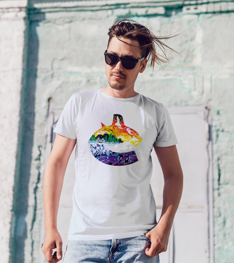 Vanbase Merch Vancouver Canucks Pride Orca Rainbow T-Shirt