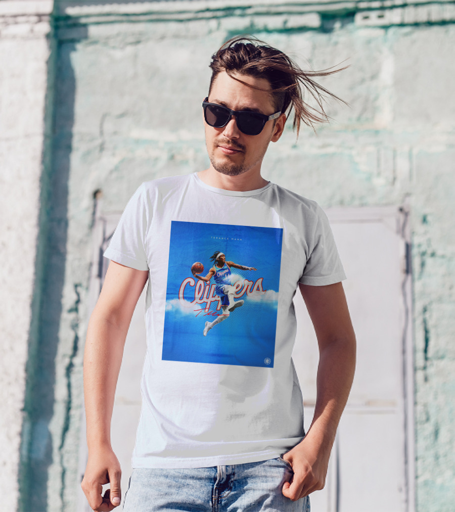 Terance Mann Clippers Basketball Motion Dribble Blue Clouds T-Shirt