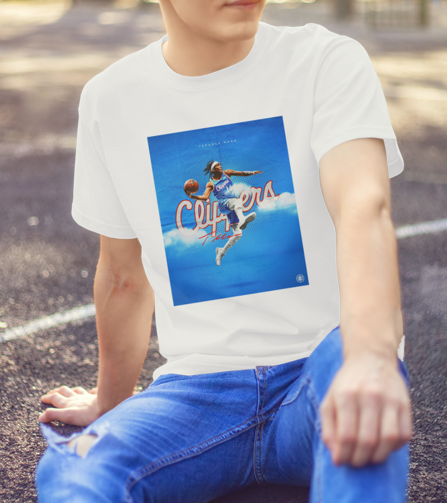 Terance Mann Clippers Basketball Motion Dribble Blue Clouds T-Shirt